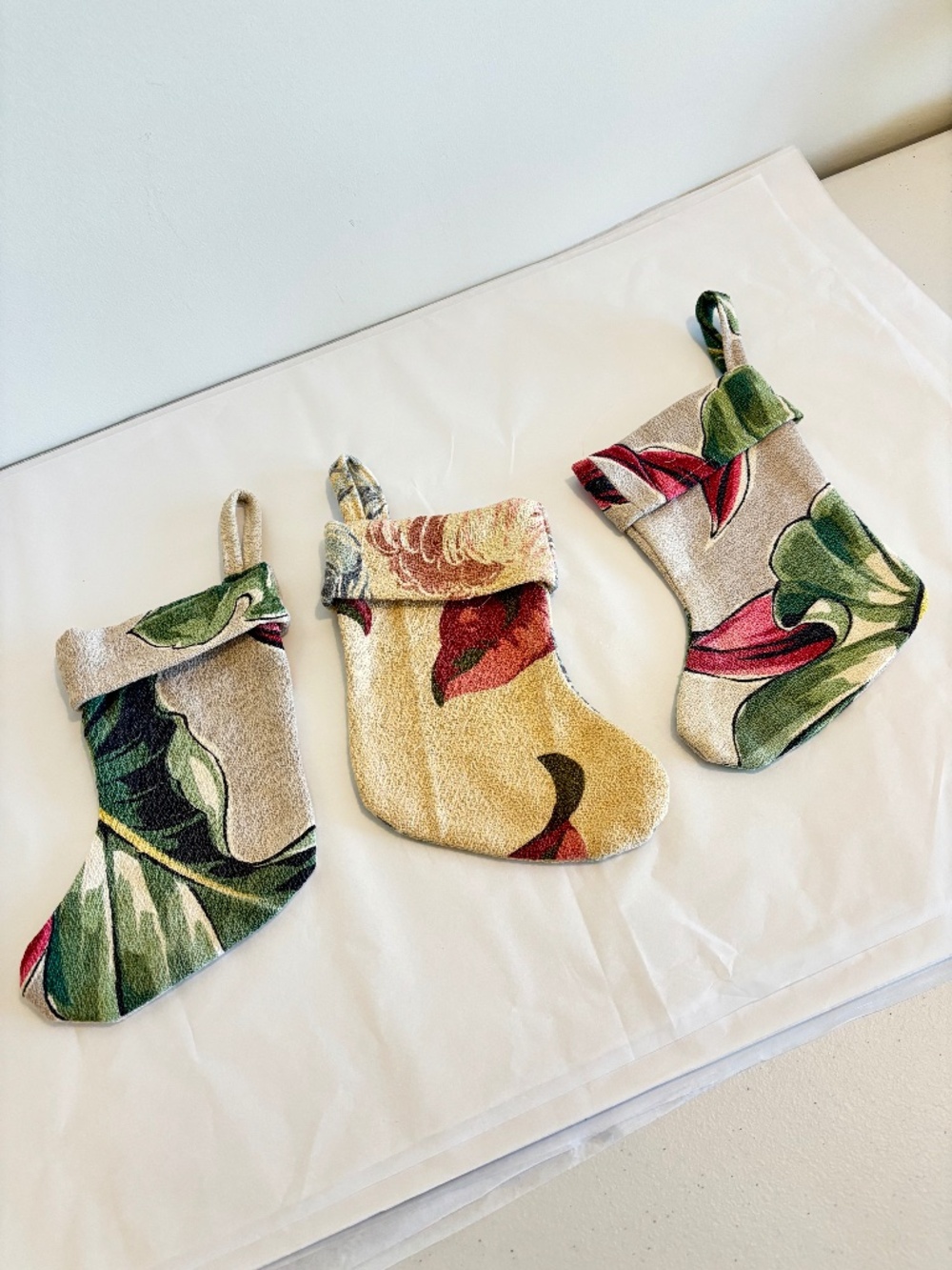 SET OF THREE mini fabric cloth hanging stockings floral pattern